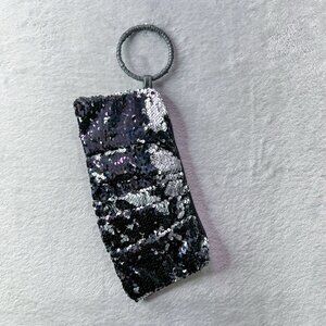 Sparkle Bright Y2K Sequin Wristlet Black With Leather Wrapped Circle Handle